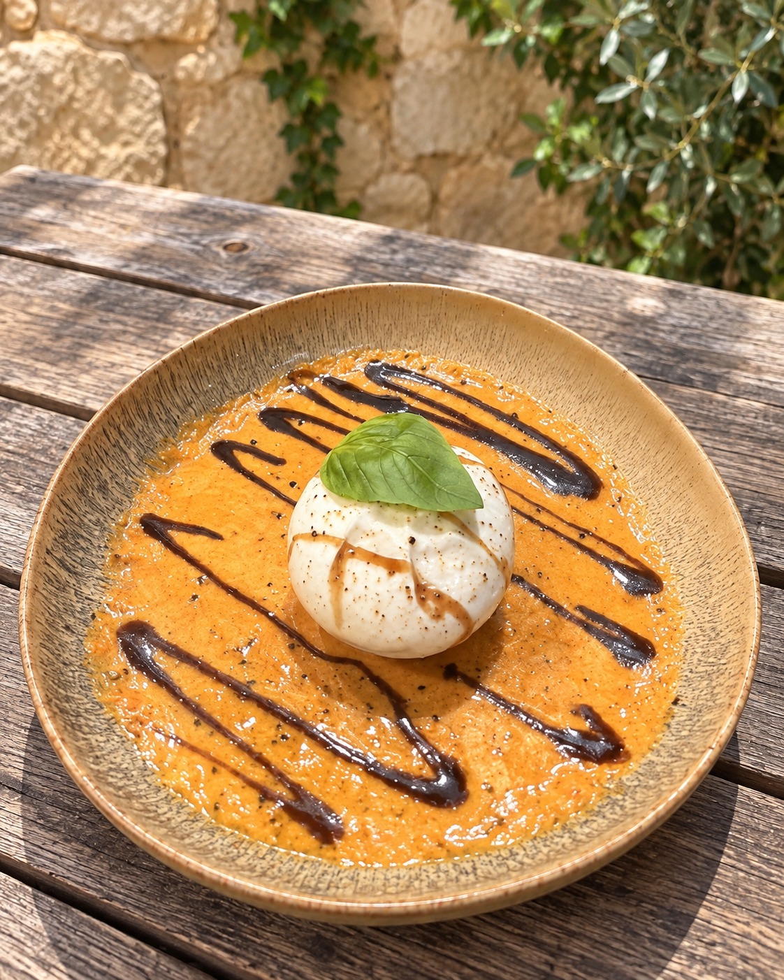 La burrata du DiCarlo sur coulis de tomates et crème balsamique
