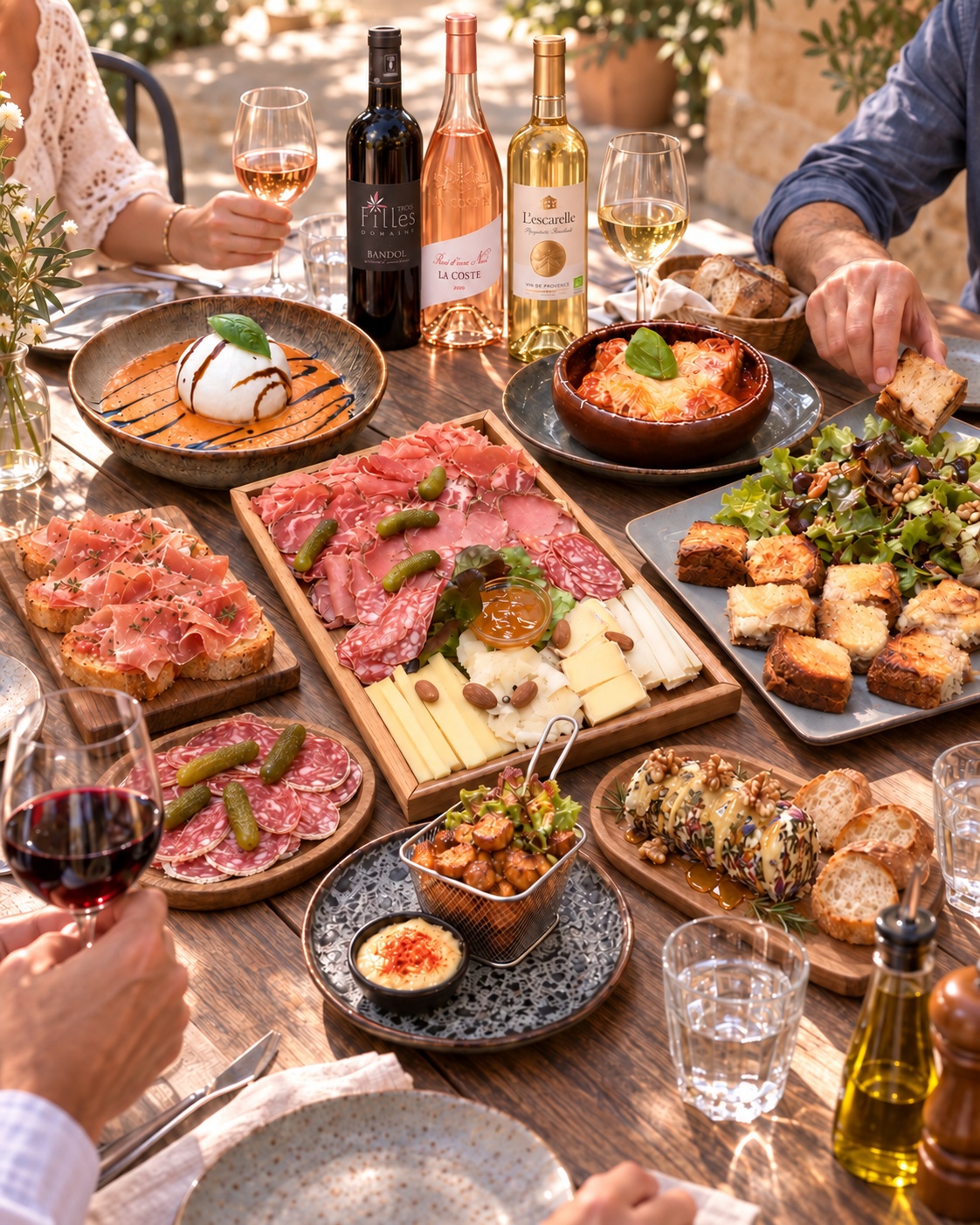 Une grande tablée de tapas à partager, avec bouteilles et verres de vin