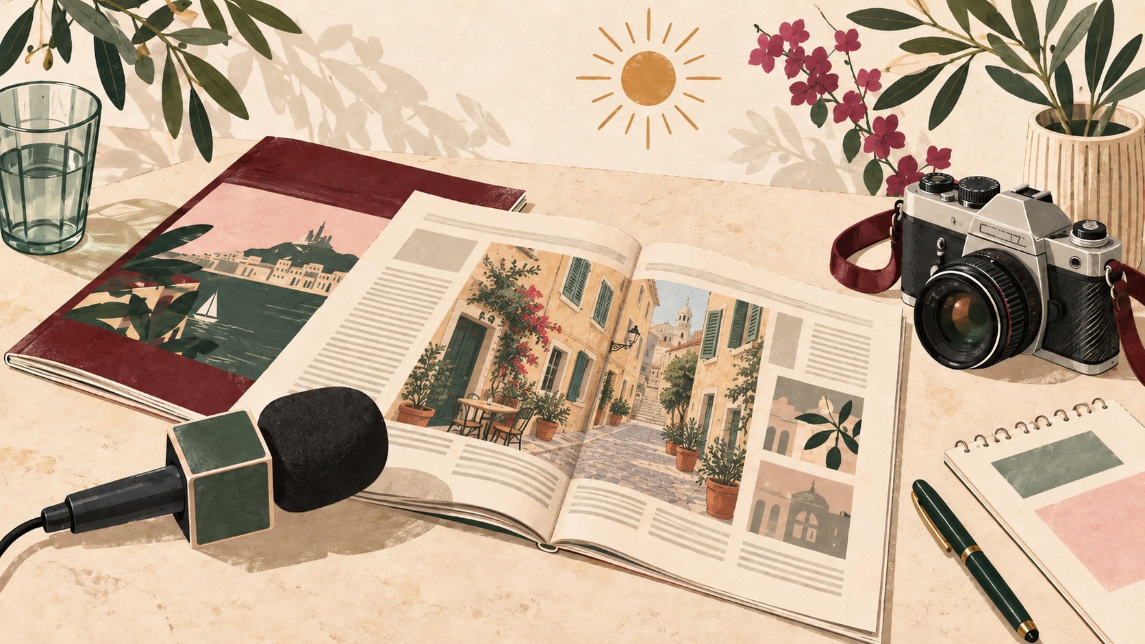 Journaux, microphone et appareil photo dans une illustration aux couleurs du DiCarlo.