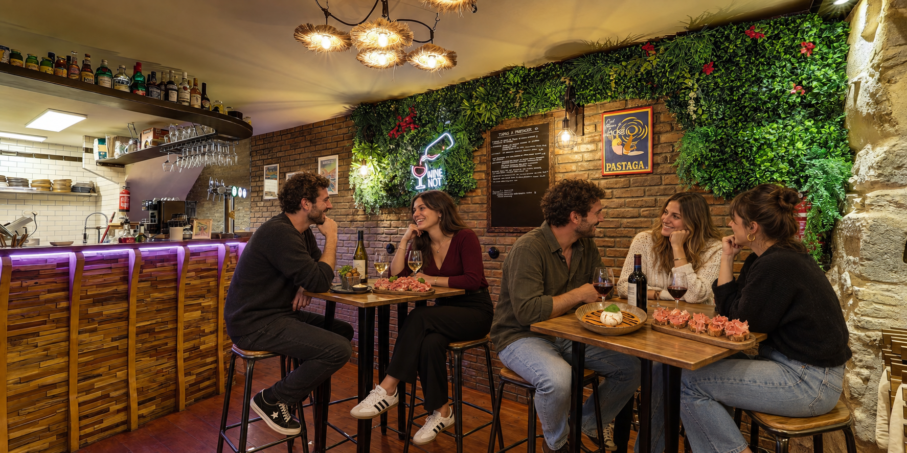 La salle du DiCarlo, ses tables en bois, ses tabourets et son mur végétal